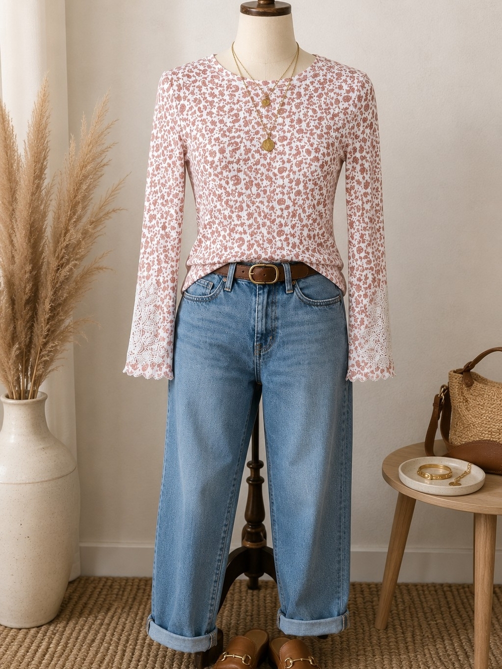 Hippie Rose Floral Paisley Lace Long Sleeve Knit Top Women's Small NWT Cream
